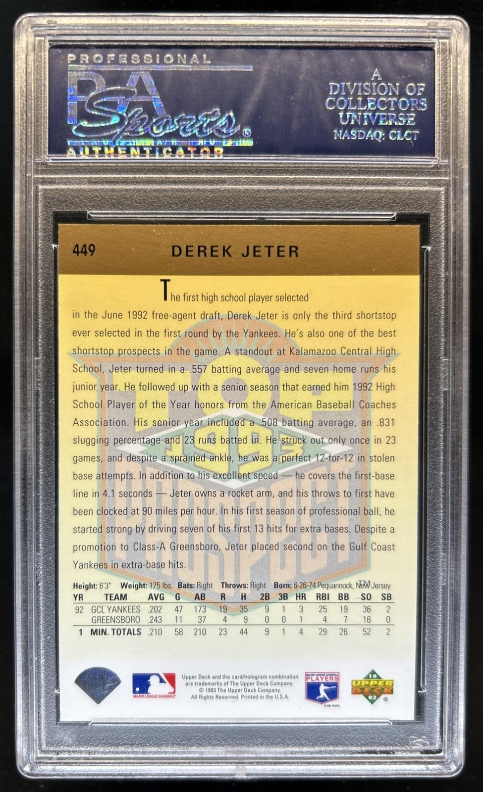 1993 Upper Deck Derek Jeter RC #449 New York Yankees PSA 9 Rookie view 2