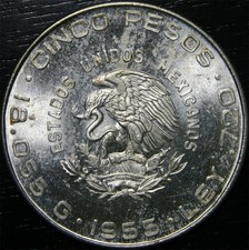 1955 Mo Mexico Cinco Pesos Hidalgo .720 Silver World Coin Bu Uncirculated