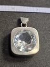 925 Sterling Silver Square Bezel Pendant, Clear Round Stone, Signed — photo 1
