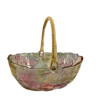 Indiana Glass Fruit Bowl Wicker Rattan Handle 10'' Decor 