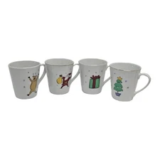 4 Merry Brite Christmas Dinnerware Cups Mugs Tree Santa Present Reindeer READ