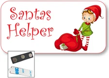 WHITE NAME BADGE TAG FOR SANTAS HELPER HOLIDAY ELF ARTWORK MAGNETIC FASTENER