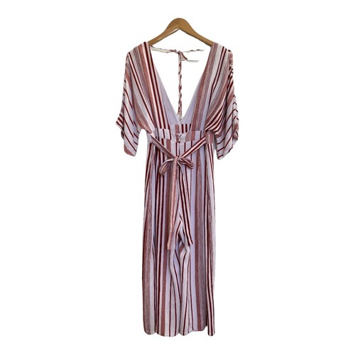 Lulus Hook Line & Sinker Rust Red Striped Jumpsuit Size LARGE Plunge V-neck - Picture 4 of 7