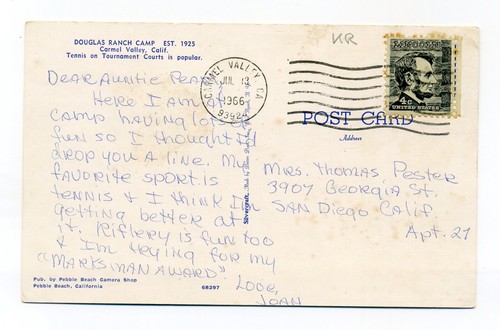 Carmel Valley CA, Douglas Ranch Camp, people playing tennis, 1966 postcard - Picture 2 of 2