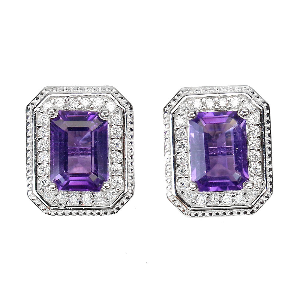 925 Sterling Silver Earrings Octagon Amethyst 7x5mm Gemstone