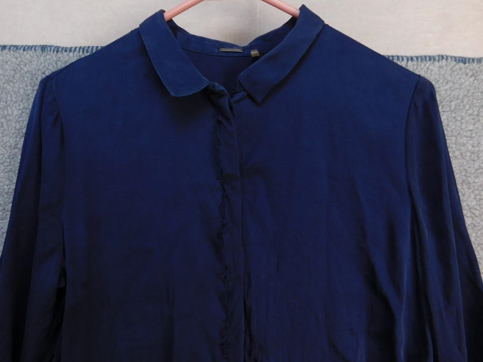 Top de seda Elie Tahari para mujer S azul marino cuello manga larga lengüeta enrollable abotonada Foto 2 de 4