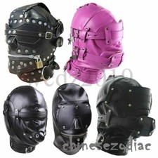 Leather Bandage Hood Mouth Gag Blindfold Full Head Mask Black Fast SHIP