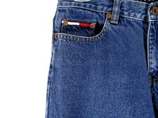 Tommy Jeans Hilfiger Juniors Boot Sz 7 Blue Denim Hi Waist Block Logo Pant CB88i