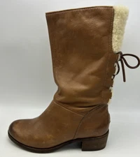 UGG Boots Womens 7 Brown Cary Wool Leather Mid Calf Pull On Block Heel Read