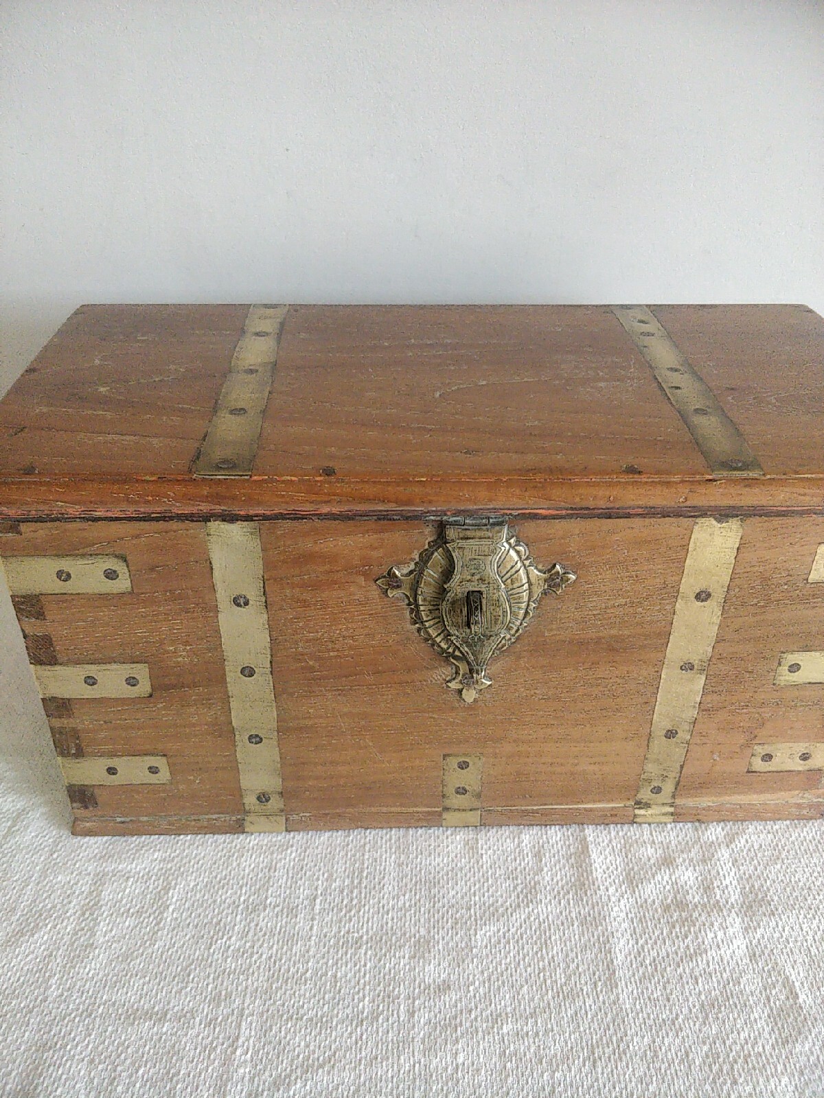 Antique 18/19th C Dutch Teak & Brass Bound & Brass Lined Strong Box/Tea