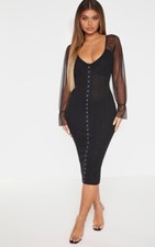 Pretty Little Thing Black Black Hook And Eye Mesh Sleeve Midi Dress Size UK 6