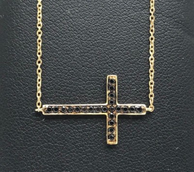 Sterling Silver Gold Tone Black Onyx Sideway Religious Cross Elegant Necklace