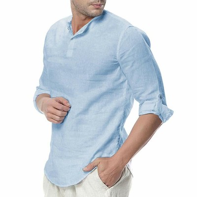 Download WULFUL Mens Cotton Linen Henley Shirt Loose Fit Long ...