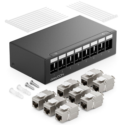 8 Port CAT 7 Patchpanel Set 1 HE Patchfeld mit 8x CAT 7 RJ45 Keystone Jack Modul