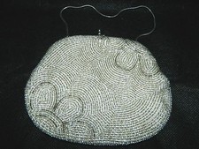 VTG Silver Clear Off White Glass Beaded Flower Handbag Purse Clutch