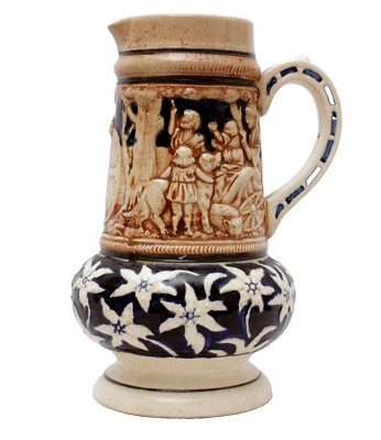 Antique Large Stoneware Pitcher Drinking Hunting Scene Great Color Made in Japan