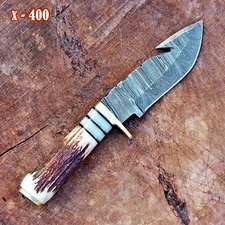 HANDMADE DAMASCUS STEEL GUTHOOK BLADE KNIFE STAG ANTLER HANDLE BRASS GUARD