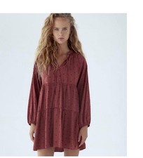 ZARA maroon black Swiss dot tiered balloon sleeve mini boho flowy babydoll dress