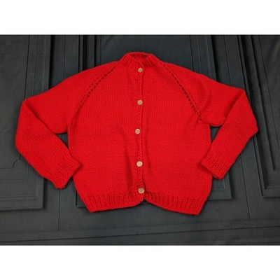 Vintage Hand Knit Acrylic Sweater Classic Red Button Up Cardigan Women's Large L