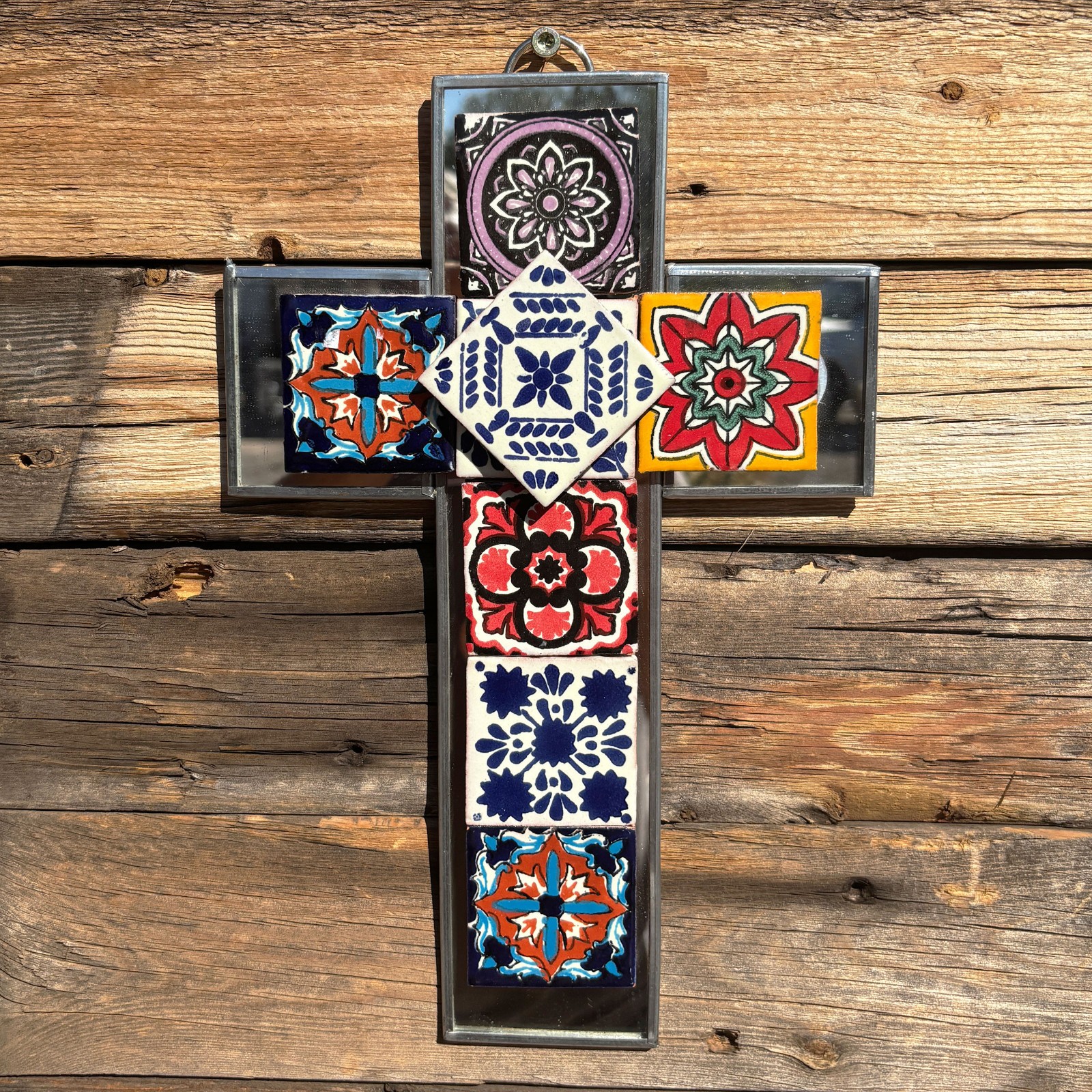 Mexican Christian Cross Religious Tile & Tin Folk Art Superior Hand Crafted New