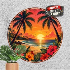 Tropical Sunset Ocean Hibiscus Palm Trees Decor Metal Tin Sign 8x8