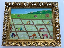 VINTAGE FOLK ART PAINTING FARM FARMING HAITI HAITIAN NAIVE WILNER CROPS PEOPLE