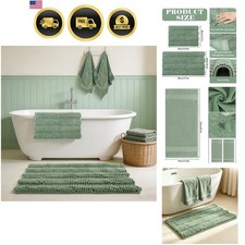 4 Pack Sage Green Bath Mat and Hand Towel Set Non-Slip Chenille Striped Bathr...
