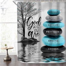 Zen Teal Bible Verse Christian Shower Curtain 60Wx72H Gray Tree Bathroom Scrip