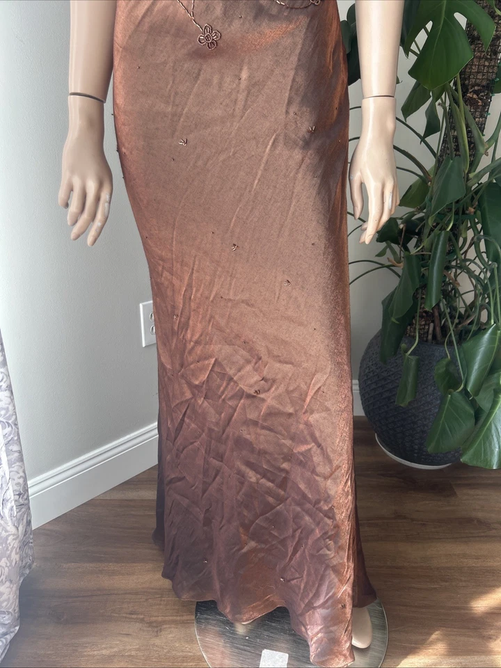 Vintage 80s 90s Slip Silky Maxi Bronze Gold Metallic Dress Beaded - Image 3 of 4