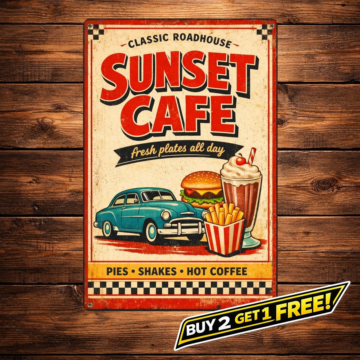 1950s Retro Diner Classic Car Burger Milkshake Vintage Metal Sign