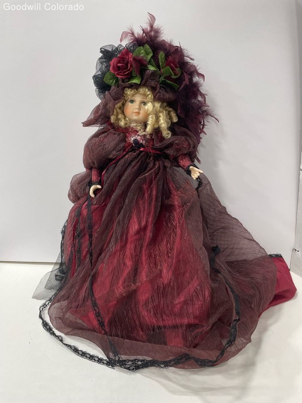 Porcelain Doll Red Black Dress Lace Flowers Curly Blonde Hair Green Eyes