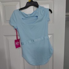 Justice Girls Blue Dance Gym Leotard Short Sleeve w/ Ribbon Size L 12/14 