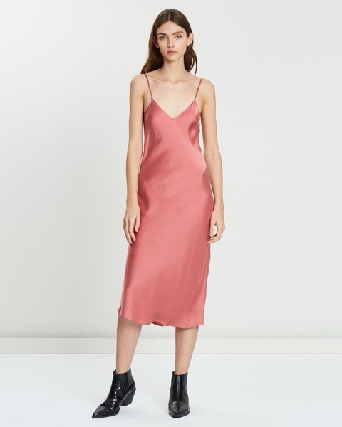 Womens Pink 100% Silk Satin Slip Midi Dress V-Neck Spaghetti Adjustable Straps