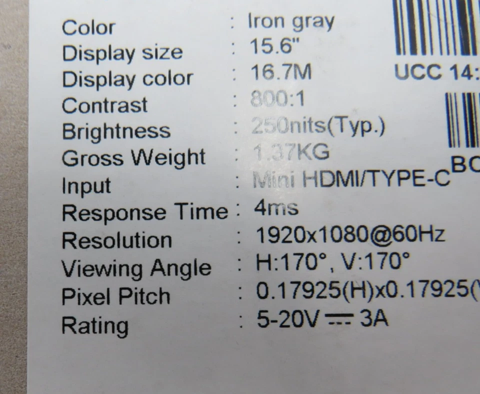 MSI PRO MP161 E2 15.6" Portable Monitor Full HD 1080p USB-C/mini HDMI W/Case NEW - Image 3 of 4