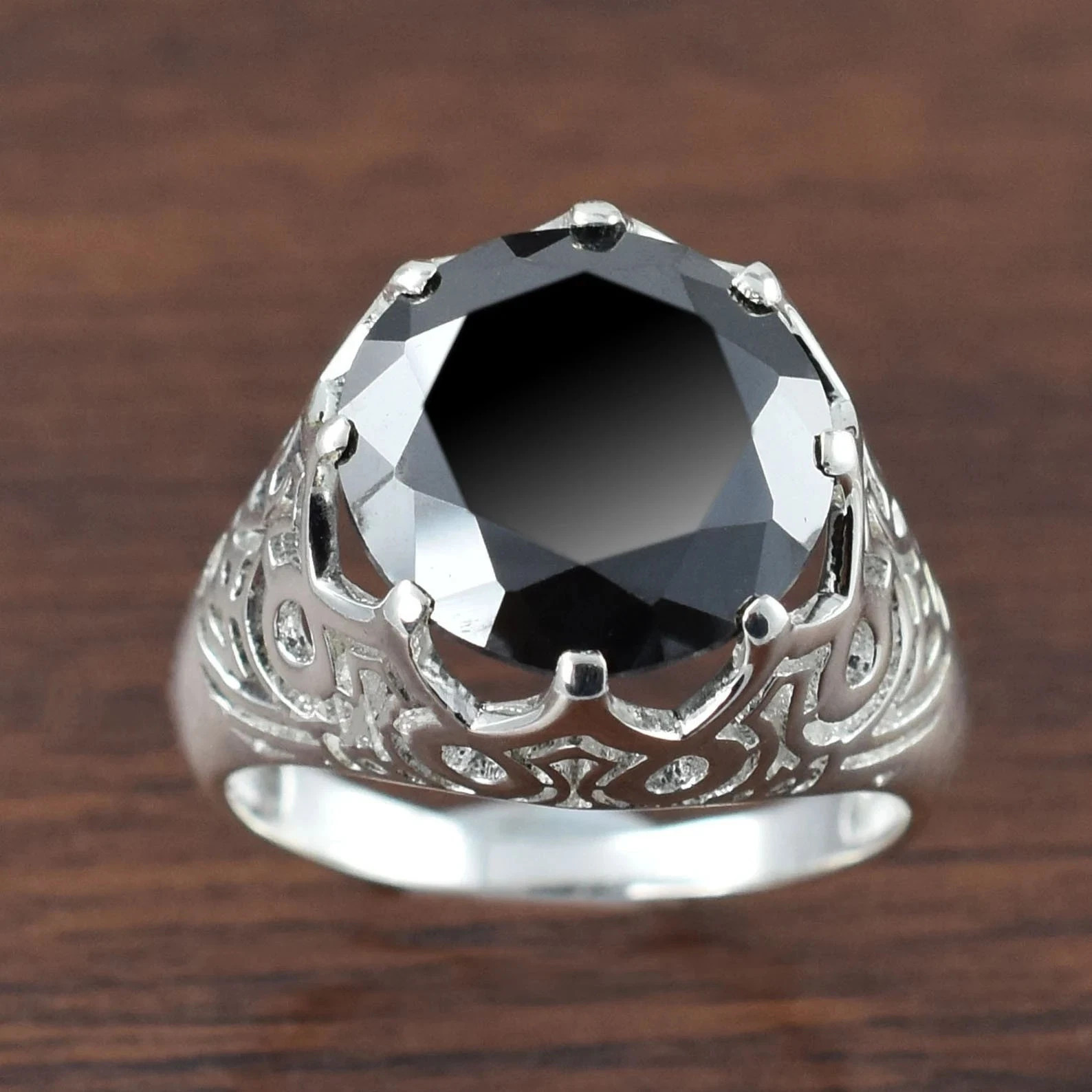 Certified Round Cut 13.10 Ct Black Diamond Ring-925 Sterling Silver Beautiful