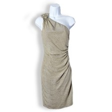 David Meister Gold Metallic One Shoulder Dress Beaded Flower Women's Size 2