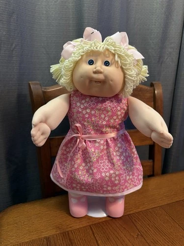 1980s Cabbage Patch Kid Lemon Blonde Hair Blue Eyes Two Teeth Pink Floral Dress
