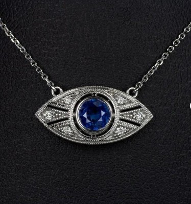 Blue Sapphire Evil Eye Pendant Necklace Sterling Silver Protection Lucky Charm