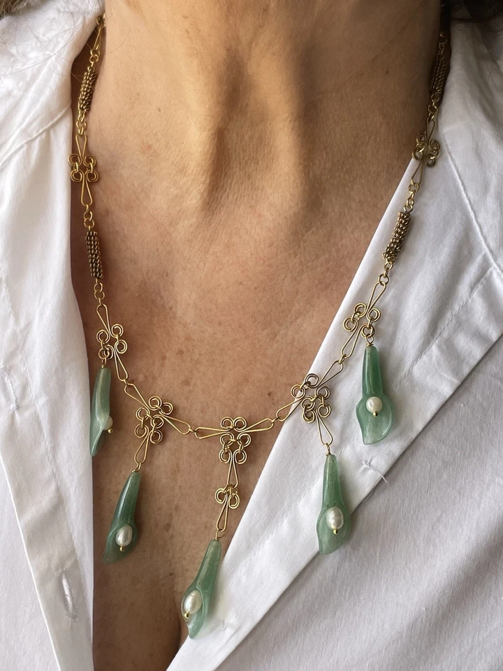 Collana in giada e perle naturali realizzate in argento - Immagine 4 di 4