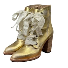 George Esquivel Granny Boot Western Gold Boho Sz 7 Womens Heel Frilly Ribbon NEW