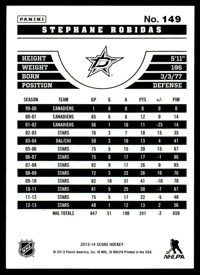2013-14 Score Gold Stephane Robidas Dallas Stars #149 - Image 2 of 2