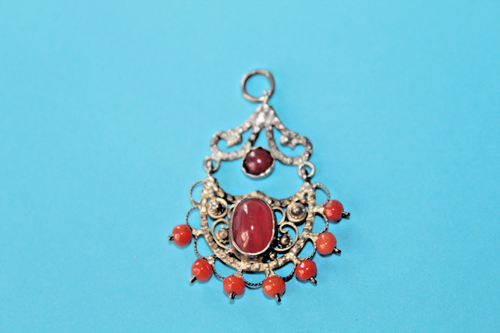 Pendentif Ethnique Ancien En Métal Argenté Et Pierres - Bijou Vintage Français