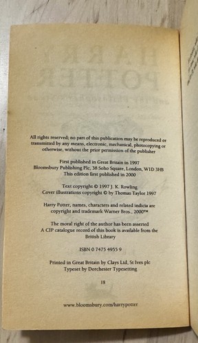 Harry Potter and the Philosopher’s Stone, Paperback, 18th Printing, Bloomsbury - Picture 3 of 3
