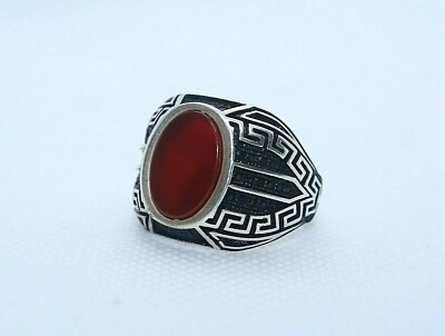 Yemeni Natural Khabdi Aqeeq Liver Agate Stone Handmade Silver Men's Ring 