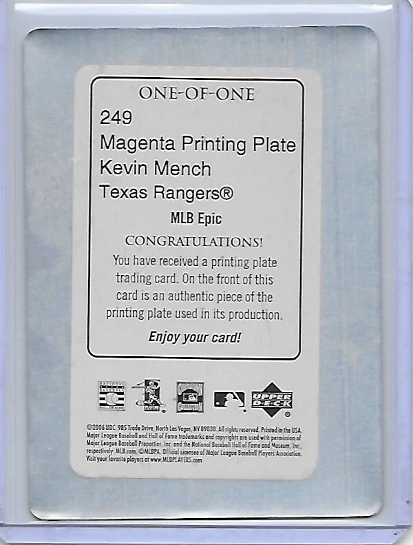 1/1 plate KEVIN MENCH 2006 Upper Deck #249 MLB Epic magenta Texas Rangers - Image 2 of 2