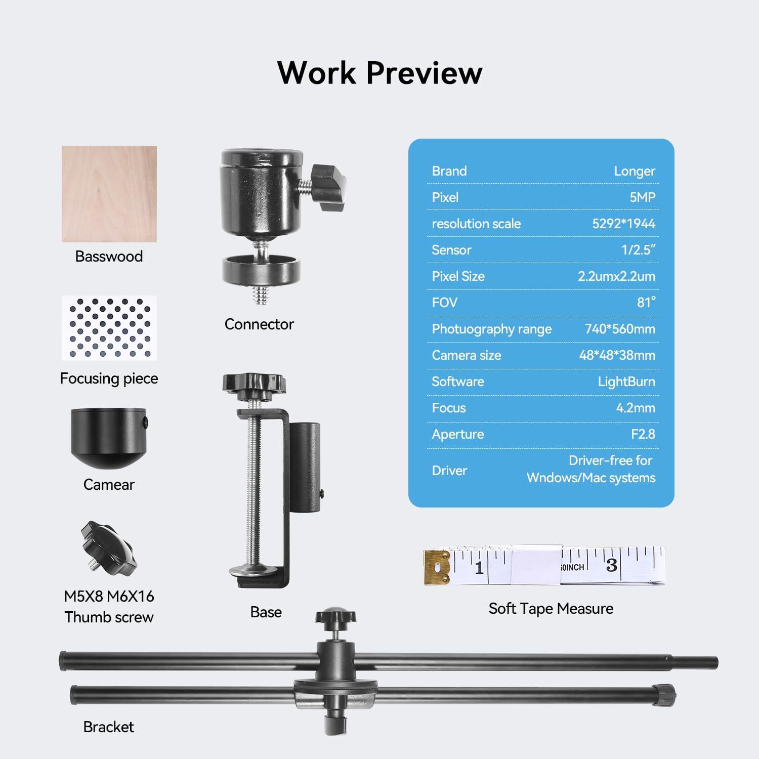 LONGER LightBurn Camera Kit for Laser Engravers 5MP Time-Lapse Digital Camera