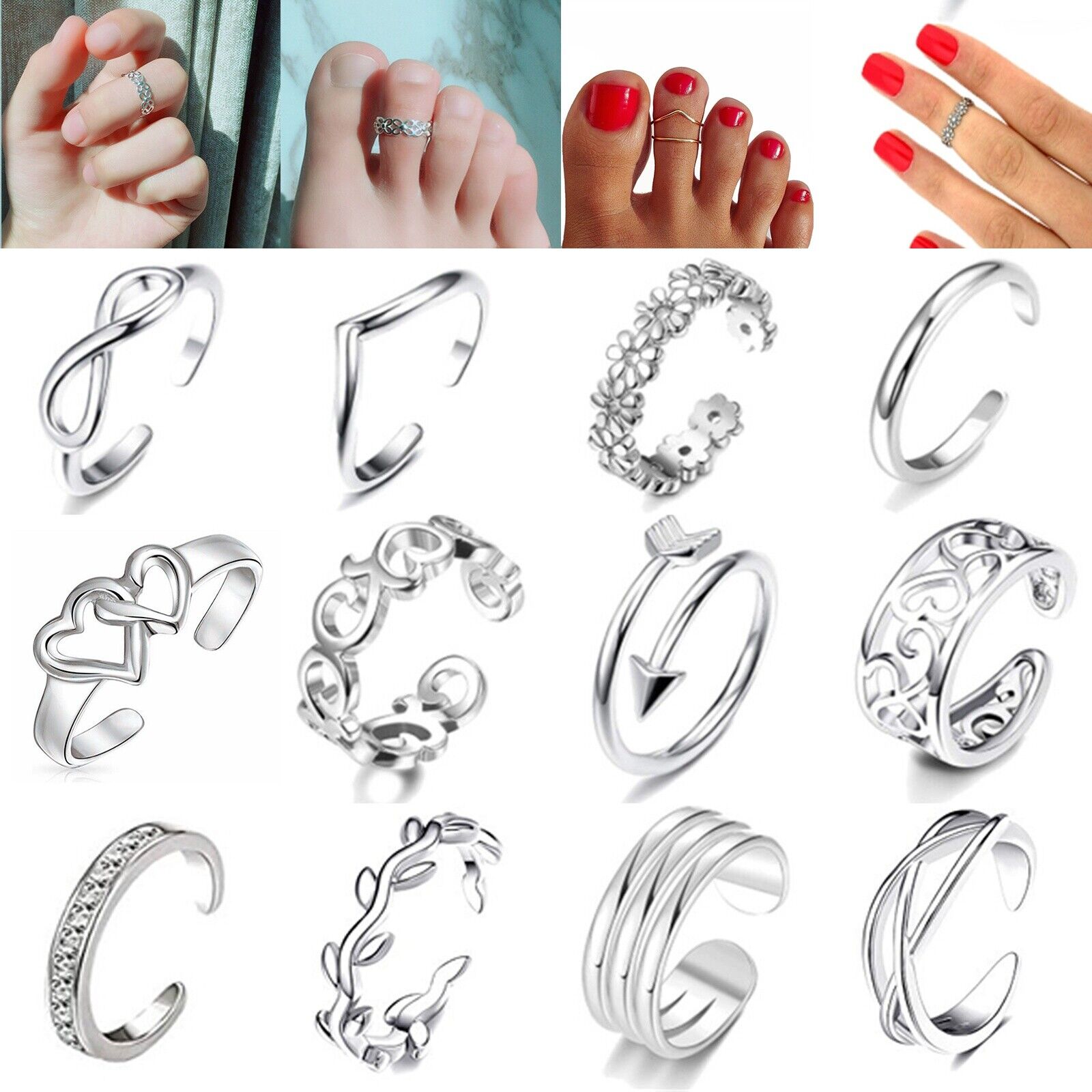 12Pcs/set Simple Toe Ring Charm Zircon Ring Retro Women's Ring Silver Plated  | eBay