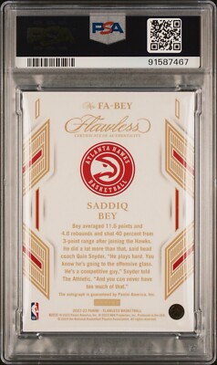 2022-23 PANINI FLAWLESS NBA AUTOGRAPHS SADDIQ BEY AUTO /25 PSA 9