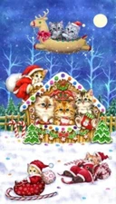Studio E - Kitten Christmas Quilting And Crafting Panel with Gingerbread House