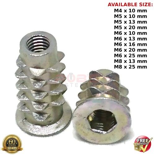 M4 M5 M6 M8 M10 WOOD INSERT NUTS FURNITURE FIXING HEX DRIVE SCREWS